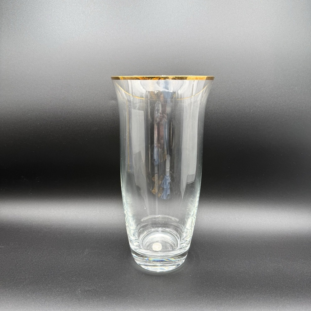 Bohemia Czechoslovakian 10" Crystal Glass Gold Rim Vase Art Deco Vintage EUC